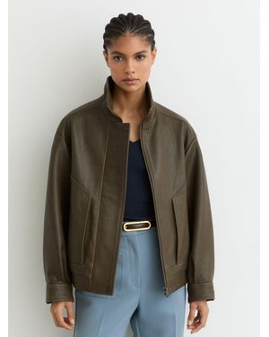 Reiss Kiara - Khaki Green Oversized Grained-leather Bomber Jacket, Us 8 - Brown