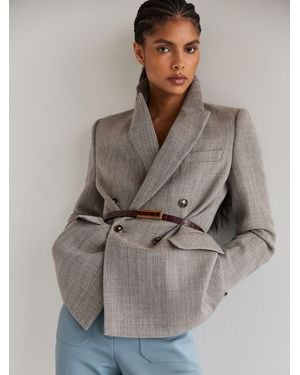 Reiss Ember - Gray Herringbone Double-breasted Blazer Wool-cotton, Us 8 - White
