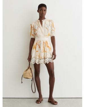 Reiss Floral-Print Lace-Trim Mini Dress - Natural