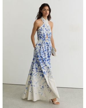 Reiss Amaya - Ivory/blue Cotton Floral-print Belted Maxi Dress With Stretch, Us 12 - White