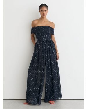 Reiss Polka-Dot Bardot Wide-Leg Jumpsuit - Blue