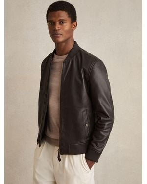 Reiss Leather Bomber Jacket - Brown