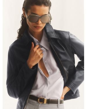 Reiss Petite Leather Zip-Through Moto Jacket - Gray