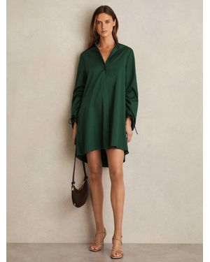 Reiss Grazia - Green Cotton Gathered Cut-out Shirt Dress With Stretch, Us 2