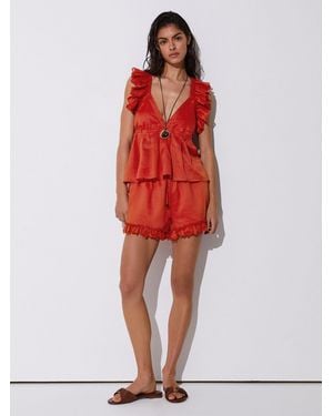Reiss Ruffle Trim Side-Tie Babydoll Top - Red