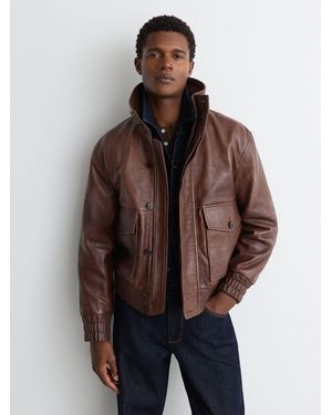 Reiss Leather Funnel-Neck Jacket - Brown
