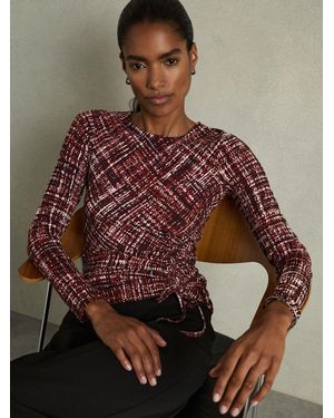 Reiss Riyo Abstract-Print Ruched-Jersey Top - Brown