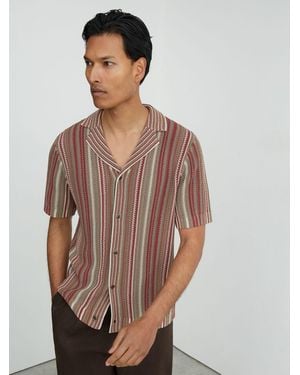 Reiss Camel Textured-Knit Stripe Cuban-Collar Shirt - Gray