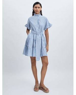MILLE 100% Cotton Striped Tiered Mini Dress - Blue