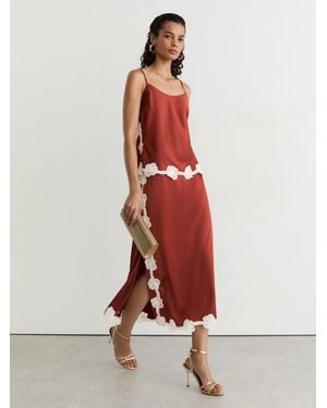 Reiss Satin Floral-Lace Trim Midi Skirt - Red