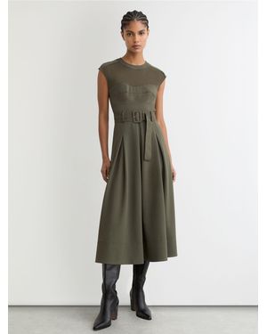 Reiss Khaki Ava Mesh-Panel Belted Pleated Midi Dress - Green
