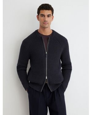 Reiss Waffle-Knit Dual-Zip Bomber Jacket - Blue