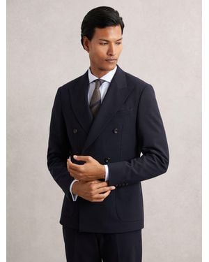 Reiss Double-Breasted Textured Suit Blazer Slim-Fit With Wool - Blue