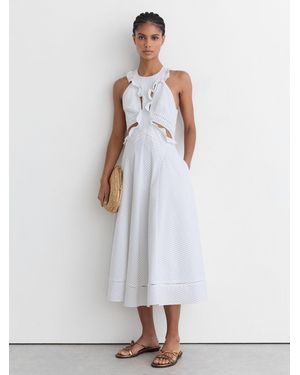 Reiss Striped Ruffle-Trim Midi Dress - White