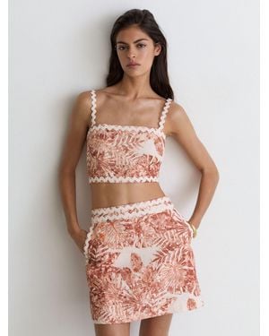 Reiss Linen Leaf-Print Wave-Trim Mini Skirt - Pink