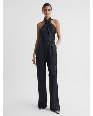 Reiss Jules - Midnight Navy Satin Halter Neck Fitted Jumpsuit, Us 6 - Blue