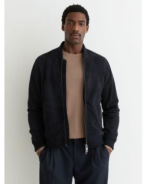 Reiss Bild - Navy Suede Zip-through Bomber Jacket, L - Blue