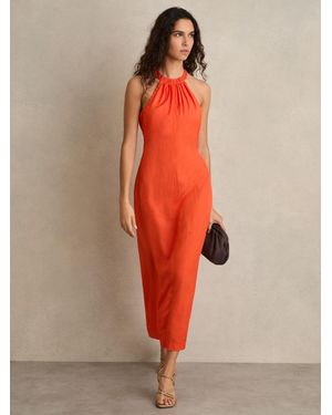 Reiss Whipstitch Halterneck Midi Dress - Orange