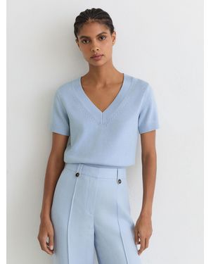Reiss Valerie - Soft Blue Cotton-wool Knit V-neck Top, Xs (us 2)