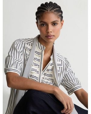 Reiss Striped Ruffle-Trim Tie-Neck Blouse - White