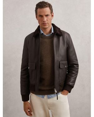 Reiss Leather Shearling-Collar Bomber Jacket - Brown