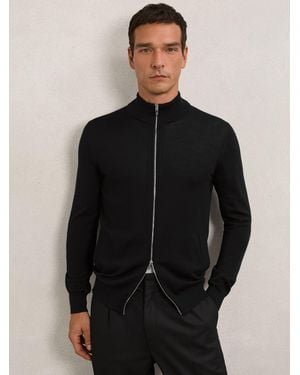 Reiss Hampshire - Black Merino Wool Zip-through Cardigan, Xl