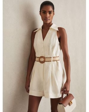 Reiss Anjie - Cream Linen Belted Collar Playsuit, Us 12 - Natural