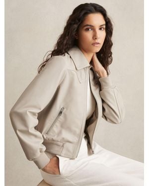 Reiss Jasmine - Gray Leather Bomber Jacket, Us 6 - Natural