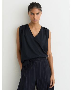 Reiss Renee - Navy Cotton Gathered-detail V-neck Vest, M (us 8-10) - Blue