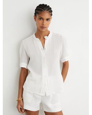 Reiss Aurelia - White Cotton Cheesecloth Frill-neck Top, Us 4
