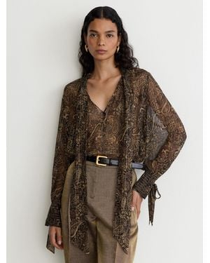 Reiss Silk-Georgette Paisley Tie-Neck Blouse - Brown