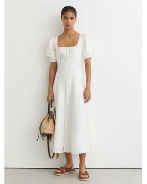 Reiss Linen Puff-Sleeve Embroidered Midi Dress - White