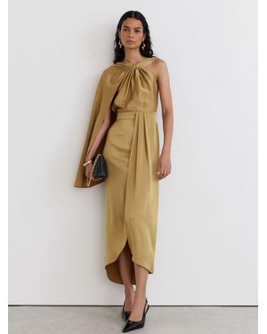 Reiss Clodagh - Gold Satin Side-cape Draped Midi Dress, Us 6 - Natural