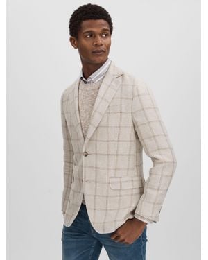 Oscar Jacobson Oscar Linen Blend Single Breasted Check Blazer - Natural