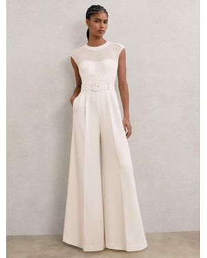 Reiss Sheer-Panel Wide-Leg Belted Jumpsuit - Natural