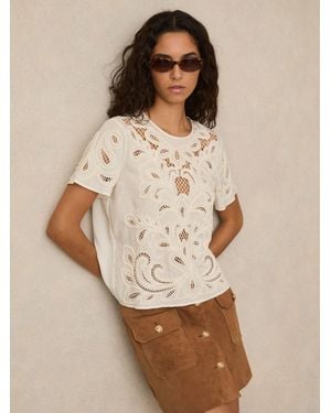 Reiss Floral Cut-Out Embroidery Top - Natural