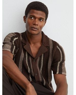 Reiss Crochet Stripe Cuban-Collar Shirt - Brown