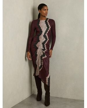 Reiss Burgundy & Graphic Print Ruched Dress - Brown