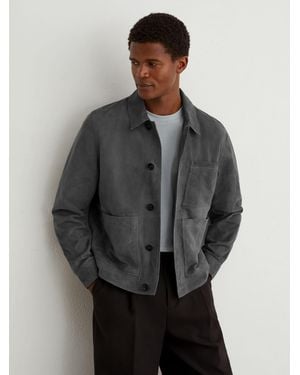 Reiss Suede Button-Through Trucker Jacket - Gray