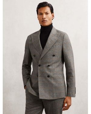 Reiss Wool Double-Breasted Check Tailored-Fit Suit Blazer - Gray