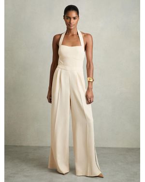 Reiss Viola - Cream Petite Embroidery Halterneck Wide-leg Jumpsuit, Us 10 - Natural