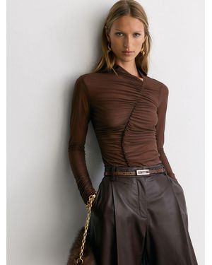 Reiss Robyn - Mocha Brown Ruched Sheer Long-sleeve Top, Us 8