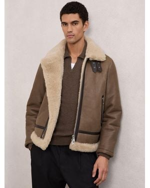Reiss Shearling-Collar Leather Jacket - Natural