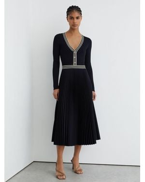 Reiss Rib-Knit Stripe-Trim Pleated Midi Dress - Black