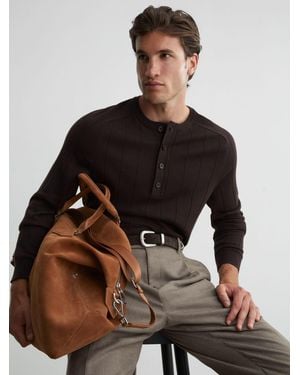 Reiss Merino Wool Wide-Rib Henley Sweater - Brown