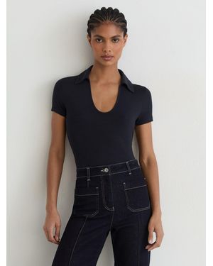 Reiss Open-Collar Short-Sleeve Polo Top - Blue