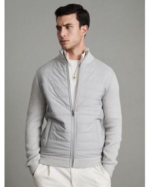 Reiss Sneaker - Soft Gray Hybrid Quilt And Knit Zip-through Jacket, Xl