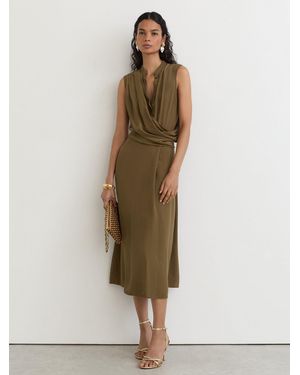 Reiss Drape-Detail Band-Collar Midi Dress - Natural
