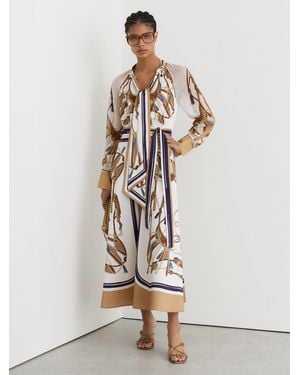 Reiss Petite Linen Palm Print Halterneck Midi Dress in Natural | Lyst