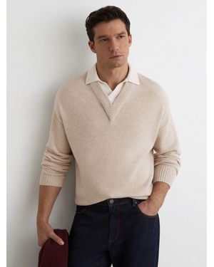 Reiss Wool V-Neck Contrast-Collar Sweater - Natural